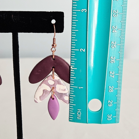 Handmade 3-Tier Iridescent Animal Print Purple/White/Rose Gold Floral Earrings - Picture 3 of 5